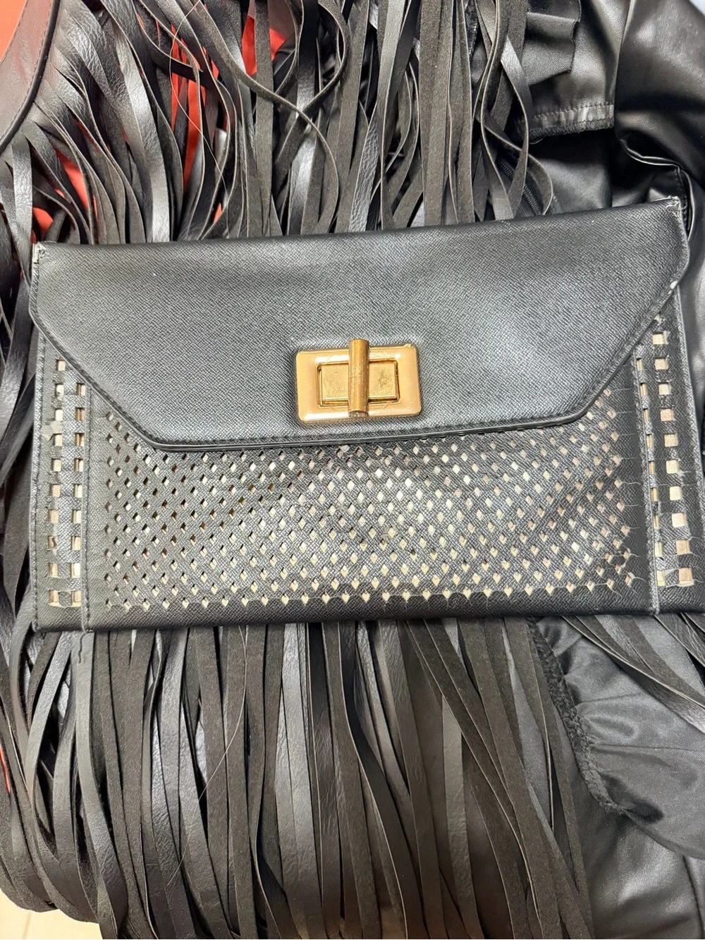 Classic Black Leather Envelope Clutch with Gold Turn-Lock